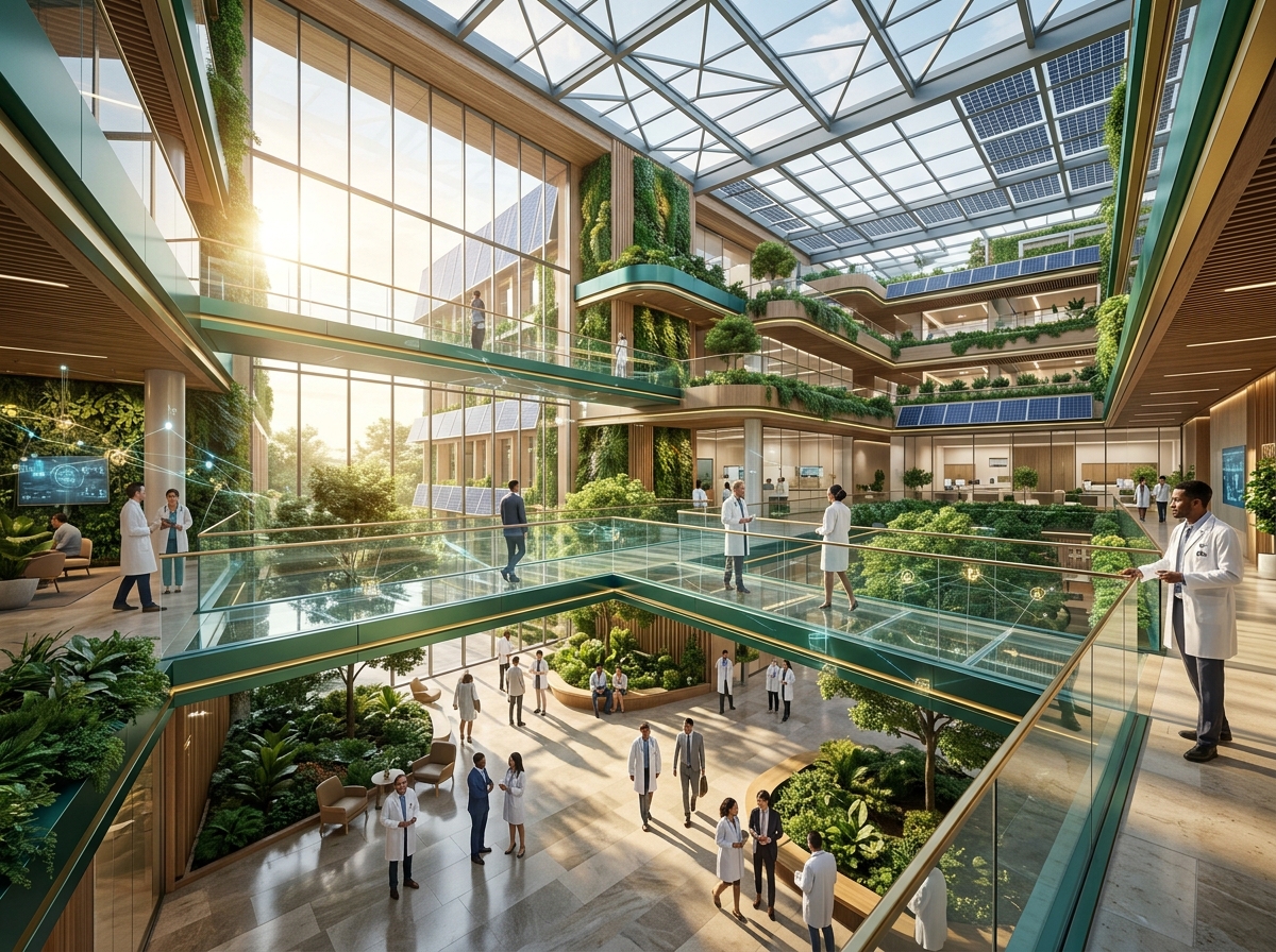 Modern futuristic healthcare facility and sustainable hospital architecture