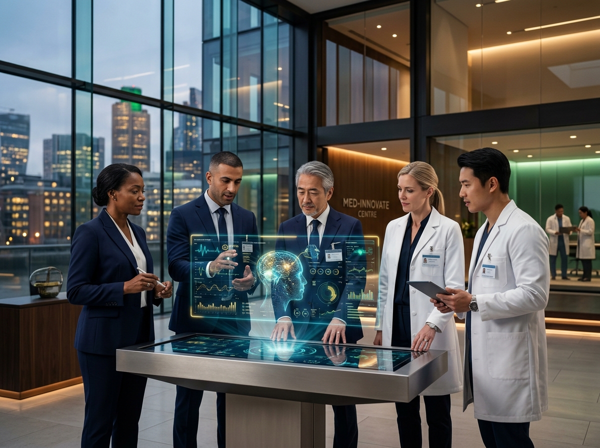 Healthcare leaders and clinical innovators collaborating in modern medical center